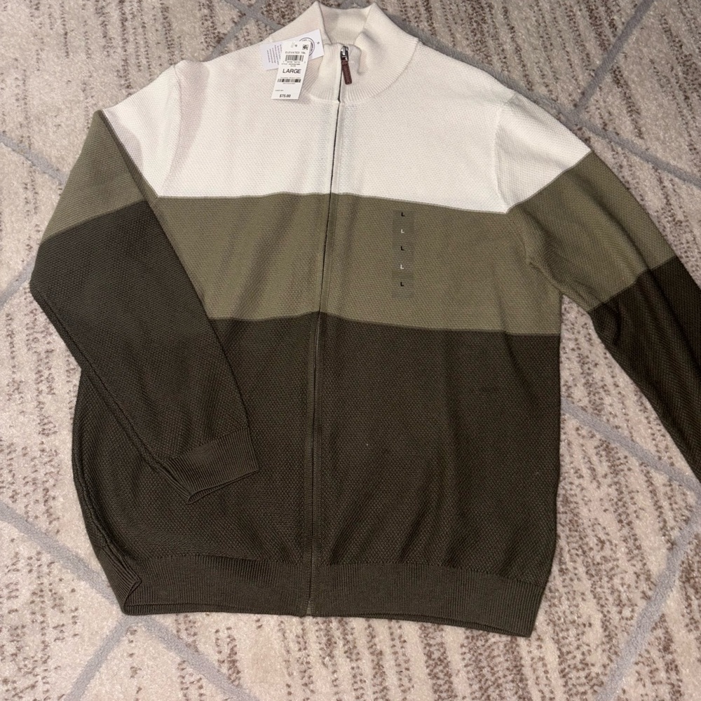 *New*Green and Cream Color-Blocked Sweatshirt with Stand-Up Collar